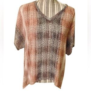 CAbi Blouse Small Sheer White Brown Rust Animal Print Snakeskin V-Neck Near New